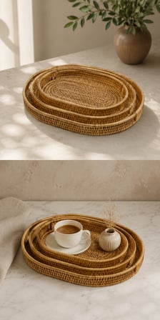3’lü Rattan Oval Tepsi Seti – Hasır Servis & Sunum Tepsisi - 3'lü Rattan Servis Sunum Tepsisi Oval Model 40 x 30
