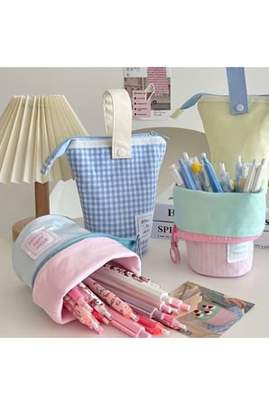 Sevimli Pastel Tonlu Fermuarlı Stand Kalemlik - Taşınabilir Masa Üstü Kalem Kutu