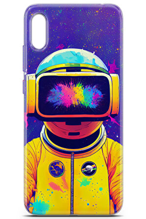 Huawei Y6 2019 uyumlu Renkler 4 Baskılı Telefon Kabı Sarı Astronot