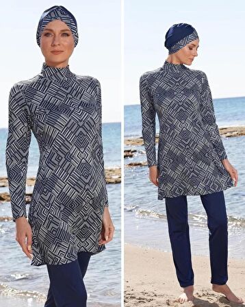 ESTİVA 23903 Lacivert Dijital Desenli Tam Boy Lycralı Tesettür Mayo
