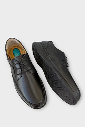 Erkek Bağcıklı Topuk Destekli Konfor Ortopedik İçi Dışı Hakiki Deri Ayakkabı SİYAH