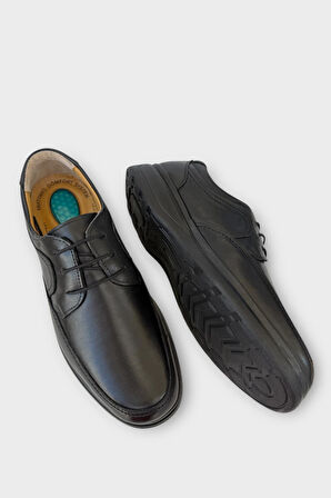 Erkek Bağcıklı Topuk Destekli Konfor Ortopedik İçi Dışı Hakiki Deri Ayakkabı SİYAH