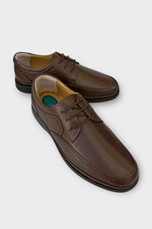 Erkek Bağcıklı Topuk Destekli Konfor Ortopedik İçi Dışı Hakiki Deri Ayakkabı KAHVERENGİ