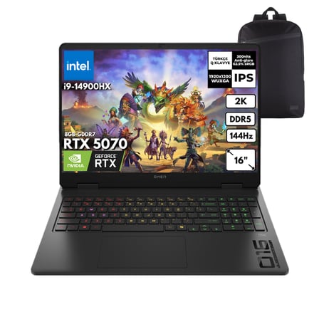 HP Omen 16-AM0031NT i9-14900HX 32-GBDDR5 2 TBSSD RTX5070 (8GB-GDDR7) 16" WUXGA Windows 10 Home + HMF Sırt Çantası C39J4EAHMF33
