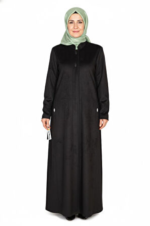 Hesna Kadın Serez Büyük Beden Süet Yanı Cepli Kışlık Siyah Pardesü