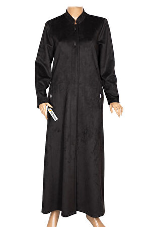 Hesna Kadın Serez Büyük Beden Süet Yanı Cepli Kışlık Siyah Pardesü
