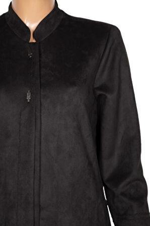 Hesna Kadın Serez Büyük Beden Süet Yanı Cepli Kışlık Siyah Pardesü