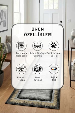 Rim Gold Modern Dijital Baskı Yıkanabilir Kaymaz Yolluk Halı