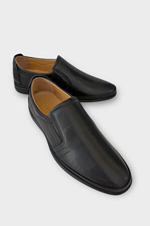 Erkek Bağcıksız Topuk Destekli Comfort Ortopedik Hakiki Deri Ayakkabı SİYAH