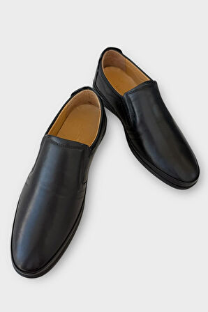 Erkek Bağcıksız Topuk Destekli Comfort Ortopedik Hakiki Deri Ayakkabı SİYAH