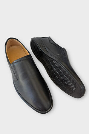 Erkek Bağcıksız Topuk Destekli Comfort Ortopedik Hakiki Deri Ayakkabı SİYAH