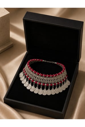 ALLONA Pul Detaylı Boncuklu Choker Kolye - Etnik Modern Kadın Aksesuar & Premium Kutu - Renk: Bordo / Beden: 1