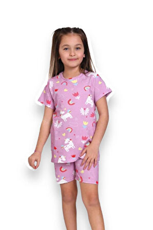 Kız Çocuk Unicorn Baskılı Şortlu Yazlık 2'li Pijama Takımı