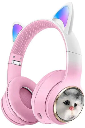 Kız Çocuk Pembe Renk Kedi Kulaklıklı Kulak Üstü Kulaklık Renkli Işıklı Kablosuz Kulaklık