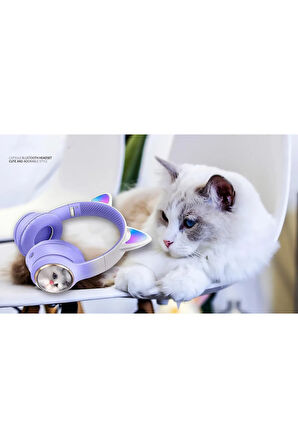 Kız Çocuk Pembe Renk Kedi Kulaklıklı Kulak Üstü Kulaklık Renkli Işıklı Kablosuz Kulaklık