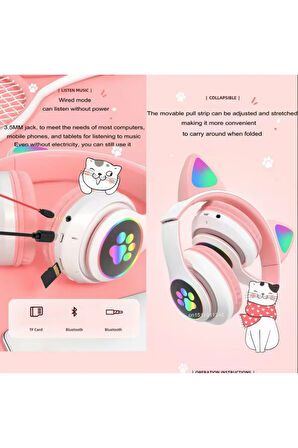 Çocuklar Için Siyah Renk Kedi Kulaklı Işıklı Mikrofonlu Kablosuz Bluetooth Kedili Çocuk Kulaklık