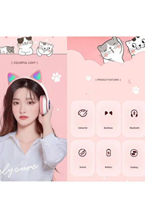 Çocuklar Için Siyah Renk Kedi Kulaklı Işıklı Mikrofonlu Kablosuz Bluetooth Kedili Çocuk Kulaklık