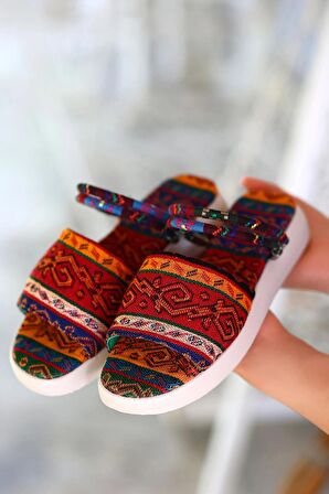 Kilim Desenli Ortopedik Sandalet Keten Renkli