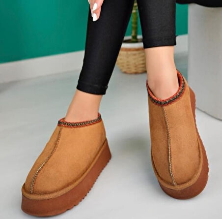 İçi Kürklü Bot Süet Taba Topuk Boyu 4 Cm