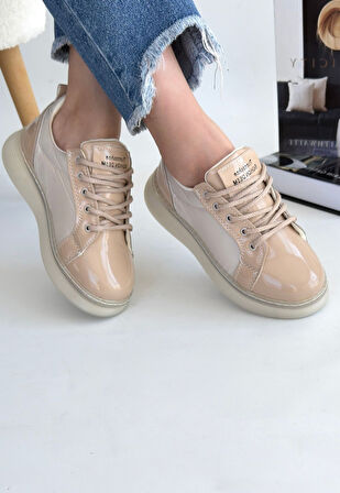 Ortopedik Topuk Dikenine Karşı Özel Üretim Bağcıklı Spor Ayakkabı Rugan Bej Topuk Boyu 2 Cm