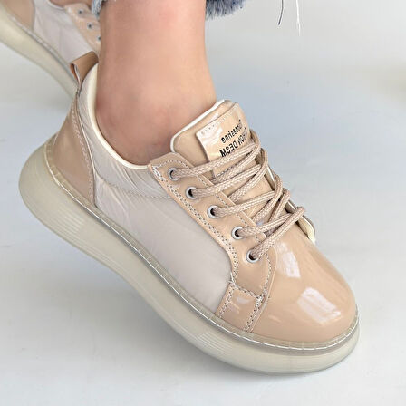 Ortopedik Topuk Dikenine Karşı Özel Üretim Bağcıklı Spor Ayakkabı Rugan Bej Topuk Boyu 2 Cm