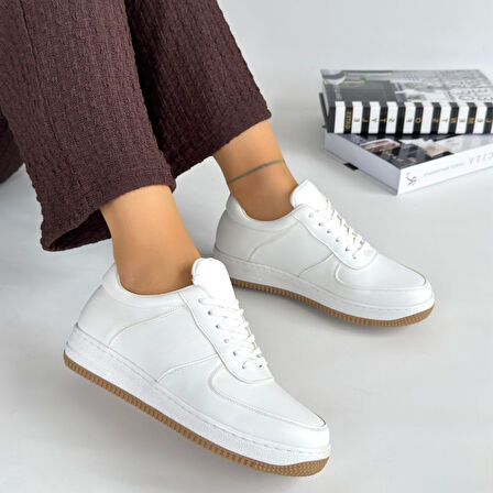 Taba Taban Bağcıklı Spor Ayakkabı Cilt Beyaz Topuk Boyu 2 Cm