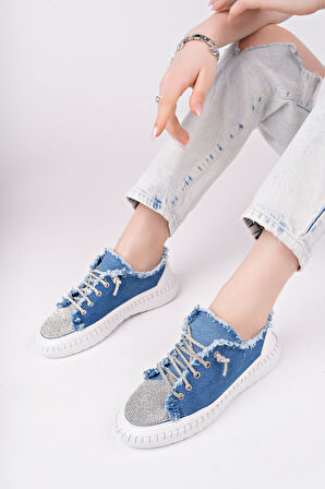 Ortopedik Topuk Dikenine Karşı Özel Üretim Bağcıklı Spor Ayakkabı Keten Mavi Topuk Boyu 1,5 Cm