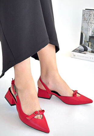 Sivri Burun Topuklu Ayakkabı Cilt Kırmızı Topuk Boyu 3 Cm