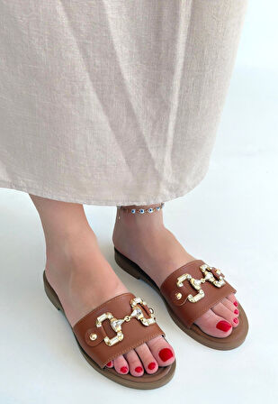 Tokalı Terlik Cilt Taba Topuk Boyu 1 Cm