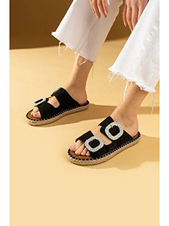 Hasır Tabanlı Tokalı Terlik Nubuk Siyah Topuk Boyu 1 Cm