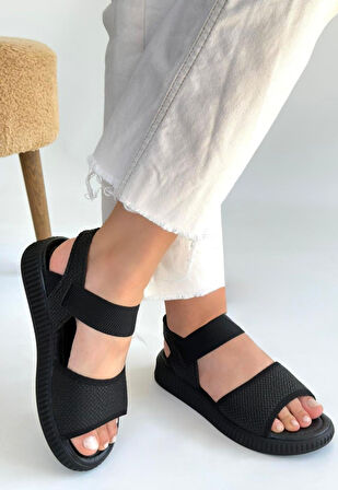 Lastikli Hasır Ortopedik Sandalet Cilt Siyah Topuk Boyu 2 Cm