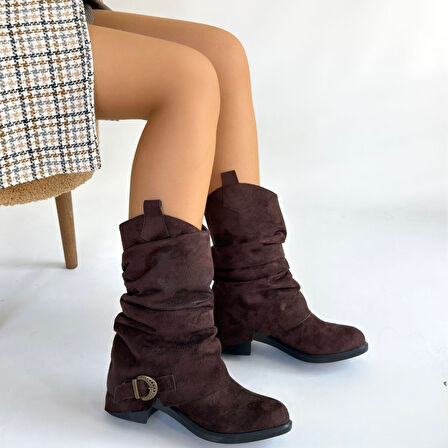 Körüklü Topuklu Çizme Süet Kahverengi Topuk Boyu 3 Cm