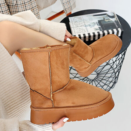 İçi Kürklü Dolgu Topuklu Bot Süet Taba Topuk Boyu 4 Cm