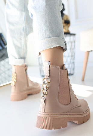 Yandan Fermuarlı Bağcıklı Topuklu Bot Cilt Nude Topuk Boyu 3 Cm