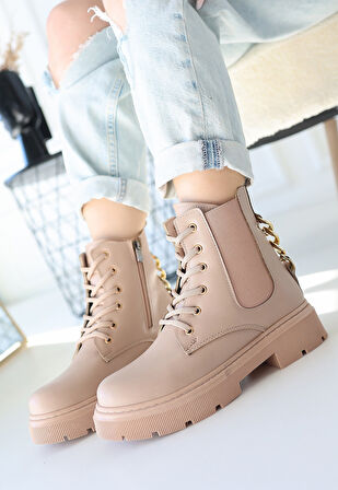 Yandan Fermuarlı Bağcıklı Topuklu Bot Cilt Nude Topuk Boyu 3 Cm