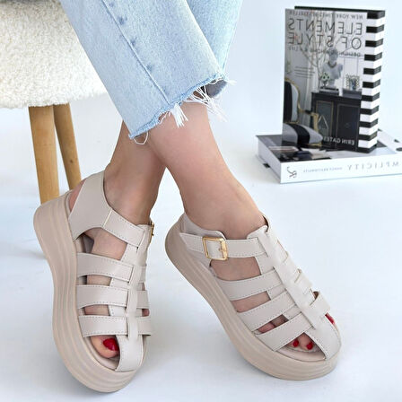 Kemerli Ortopedik Sandalet Cilt Bej Topuk Boyu 5 Cm