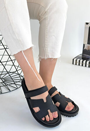 Kemerli Terlik Nubuk Siyah Topuk Boyu 1 Cm