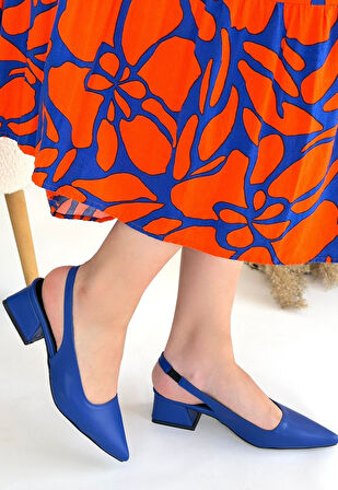 Sivri Burun Topuklu Ayakkabı Cilt Mavi Topuk Boyu 3 Cm