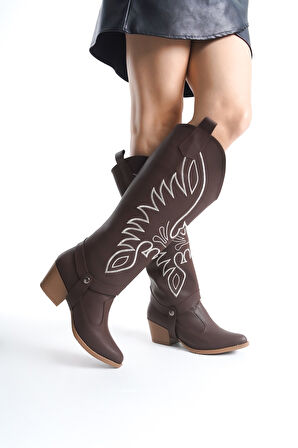 Sivri Burun İşlemeli Tak Çıkar Topuklu Bot ve Çizme Cilt Kahverengi Topuk Boyu 5 Cm