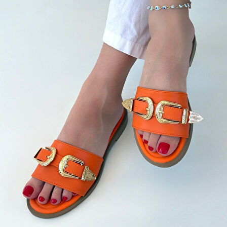 Açık Burun Tokalı Terlik Cilt Turuncu Topuk Boyu 1 Cm