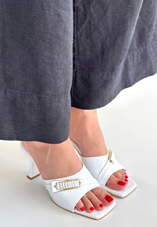 Topuklu Terlik Rugan Beyaz Topuk Boyu 7 Cm