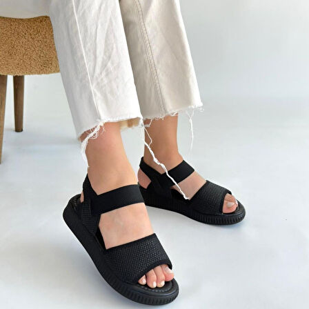 Lastikli Hasır Ortopedik Sandalet Cilt Siyah Topuk Boyu 2 Cm