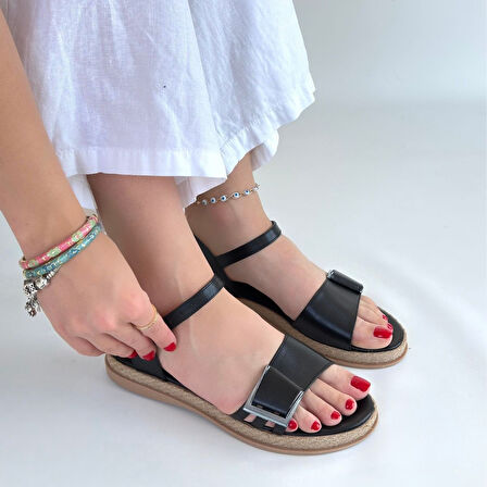 Kemerli Sandalet Cilt Siyah Topuk Boyu 2 Cm