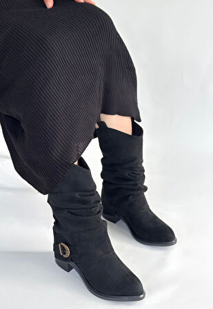 Körüklü Topuklu Çizme Süet Siyah Topuk Boyu 3 Cm