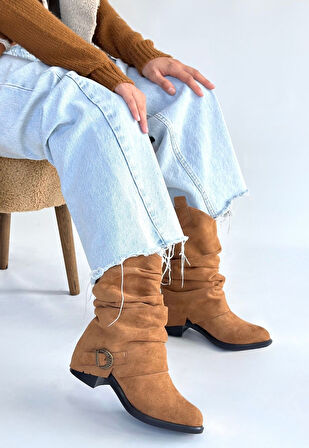 Körüklü Topuklu Çizme Süet Taba Topuk Boyu 3 Cm