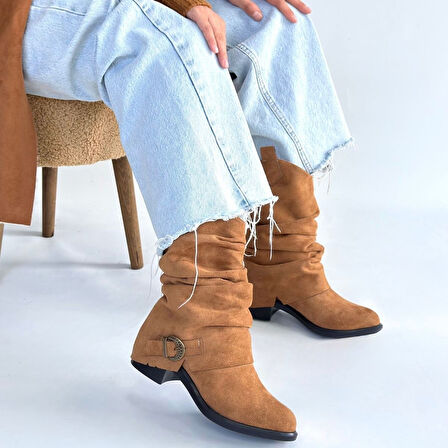 Körüklü Topuklu Çizme Süet Taba Topuk Boyu 3 Cm