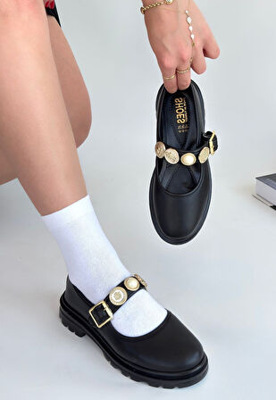 Aksesuarlı Ortopedik Topuk Dikenine Karşı Özel Üretim Kemerli Oxford Babet Ayakkabı Cilt Siyah Topuk Boyu 2,5 Cm