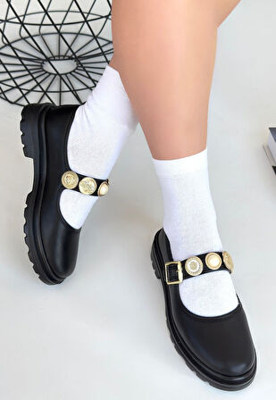 Aksesuarlı Ortopedik Topuk Dikenine Karşı Özel Üretim Kemerli Oxford Babet Ayakkabı Cilt Siyah Topuk Boyu 2,5 Cm