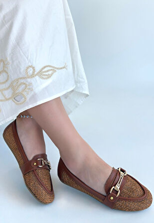 Tokalı Babet Ayakkabı Cilt Taba Topuk Boyu 1 Cm