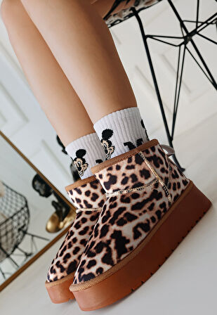 İçi Kürklü Bot Süet Leopar Topuk Boyu 4 Cm